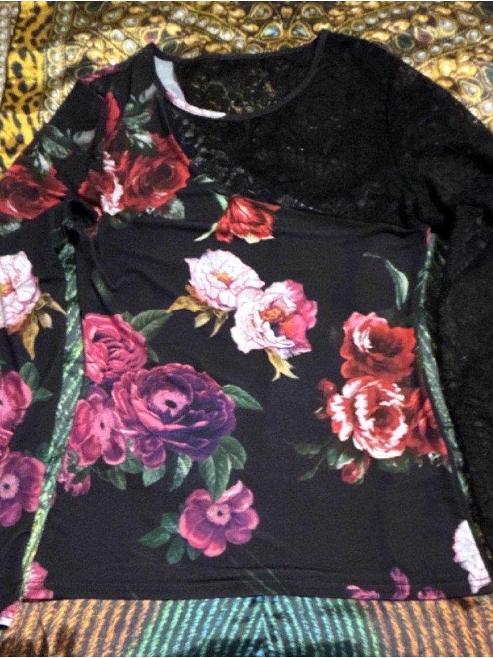 VENUS Black Lace and Floral Accent Top